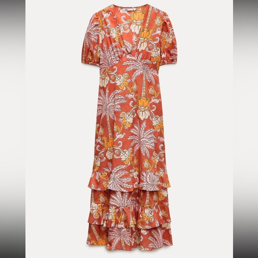 Zara Orange Floral Tiered Maxi Dress
